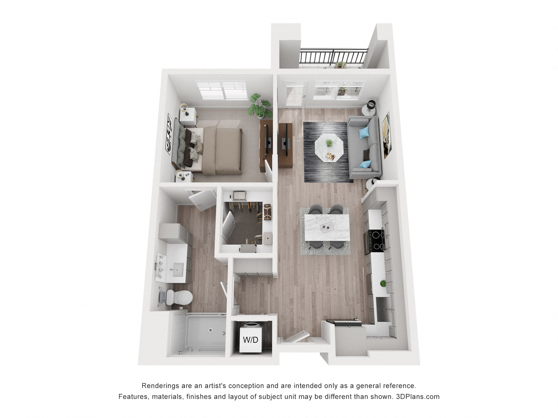 Floor plan for 1 bed, 1 bath, 733 sqft